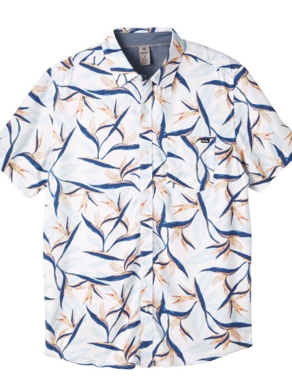 HURLEY Men's Short-Sleeve Floral Button-Up Hawaiian Shirt - White/Blue NWT